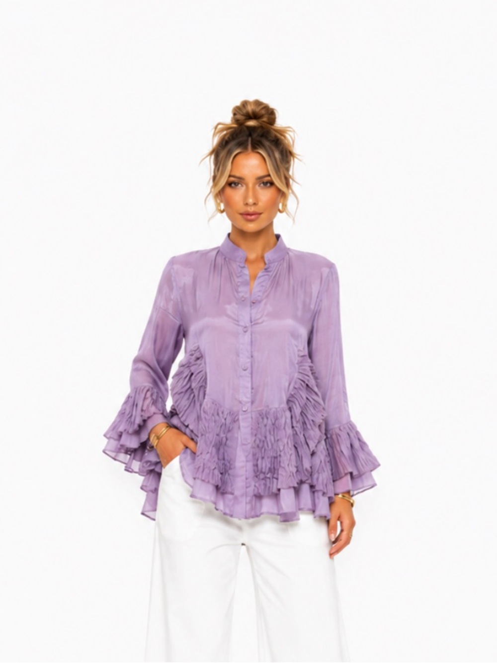 100 % Silk Lavender Ruffled Button Up Blouse jacket designer